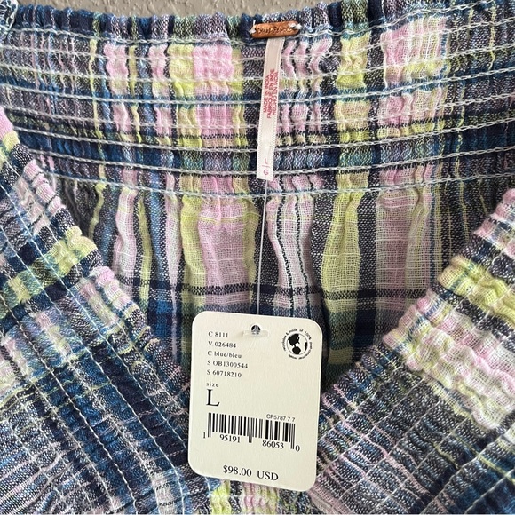 Free People Nicole Smocked Plaid Crop Top - Size L - Blue/Pink/Yellow - Picture 6 of 12